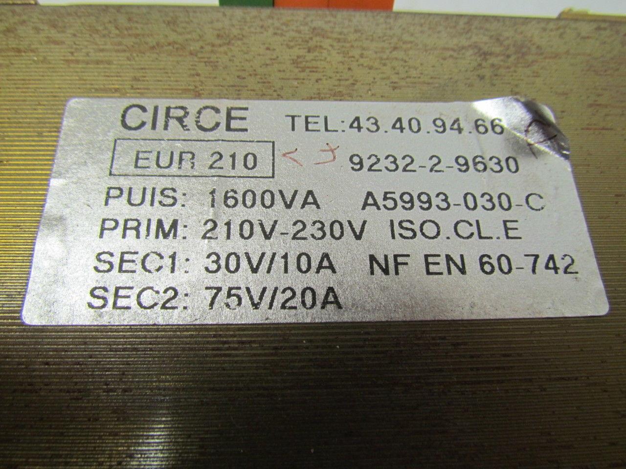 Circe EUR 210 Isolation Transformer 210-230 Pri 30V Sec1 75V Sec2