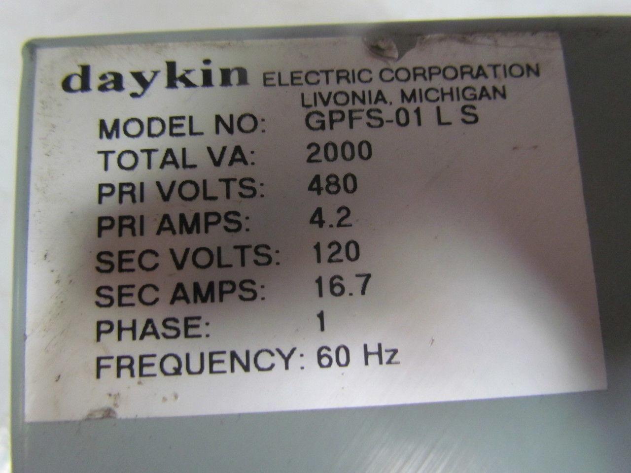 Daykin Elec. GPFS-01 LS Enclosed Transformer Disconnect 2000VA 480V Pri 120V Sec