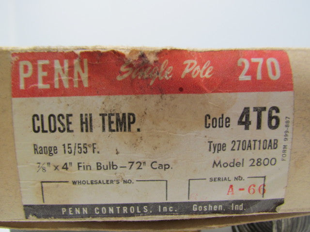 Penn 2800 Series 270 single pole close hi temp controller 15/55F Range