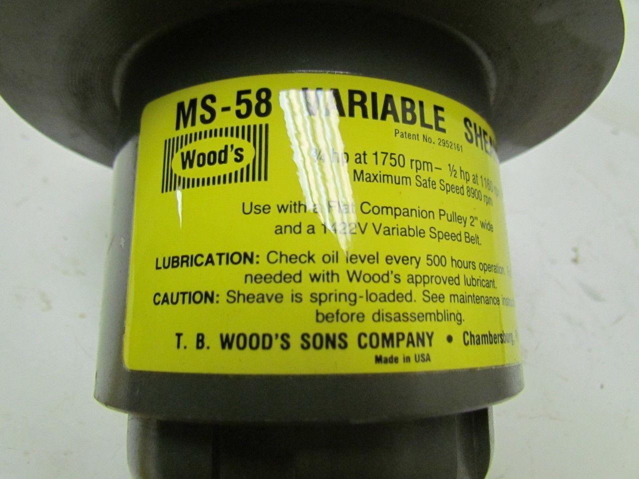 T.B. Woods MS-58 variable sheave pulley 5/8" bore maximum 8900 RPM
