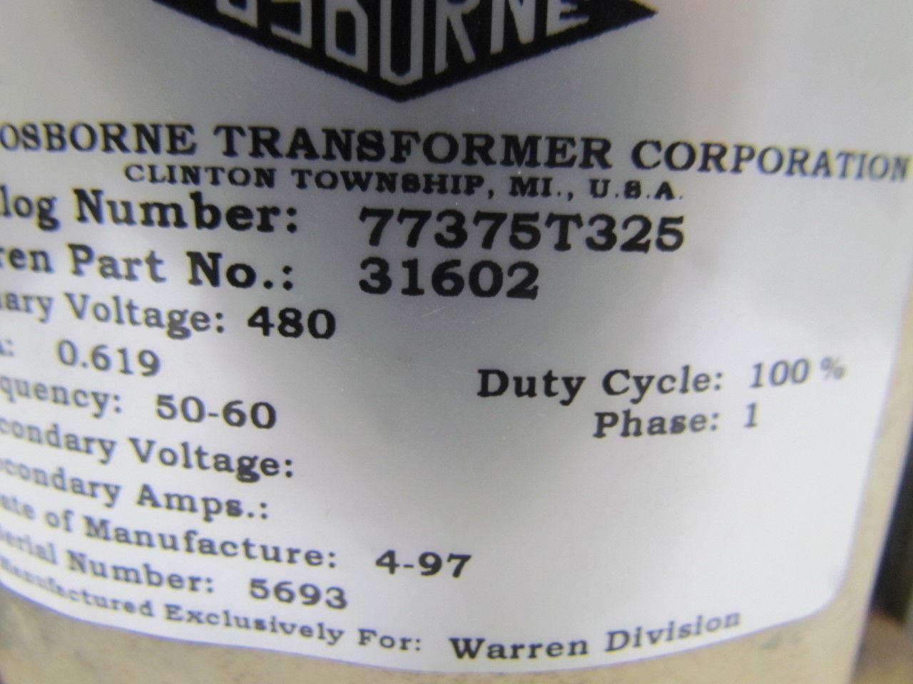 Warren Emhart 31602 .619KVA Transformer 480 Volt 50/60Hz