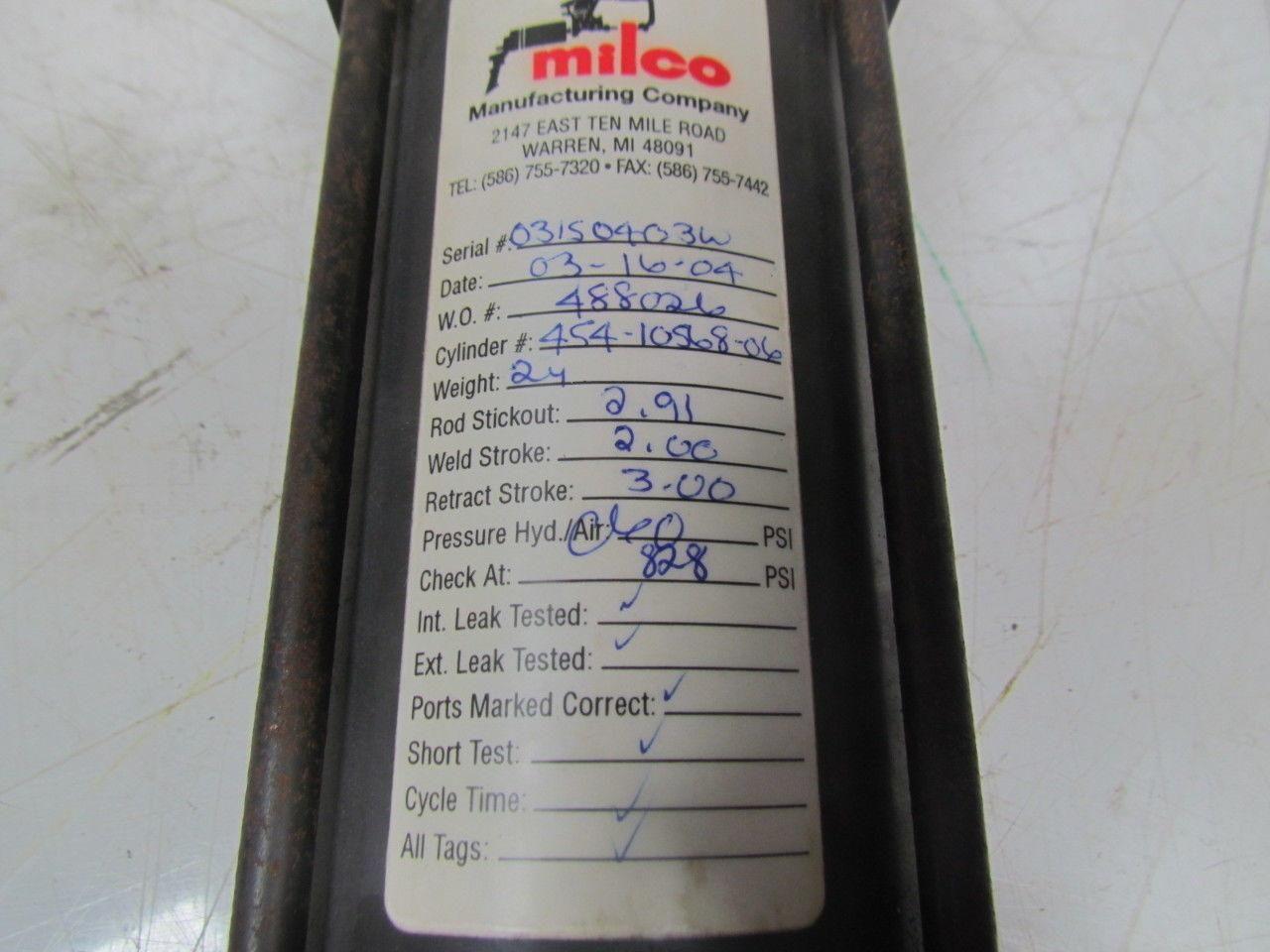 Milco 454-10568-06 Air cylinder weld/clamp wo#488026/SN0315040360