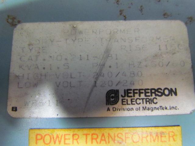 Jefferson CAT.#211-081 KVA1.5 Transformer 240/480VPRI.120/240Sec. 50/60Hz 1PH.