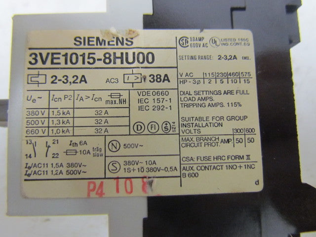 Siemens 3VE1015-8HU00 Motor protector starter 2-3.2Amp 3 pole 660V