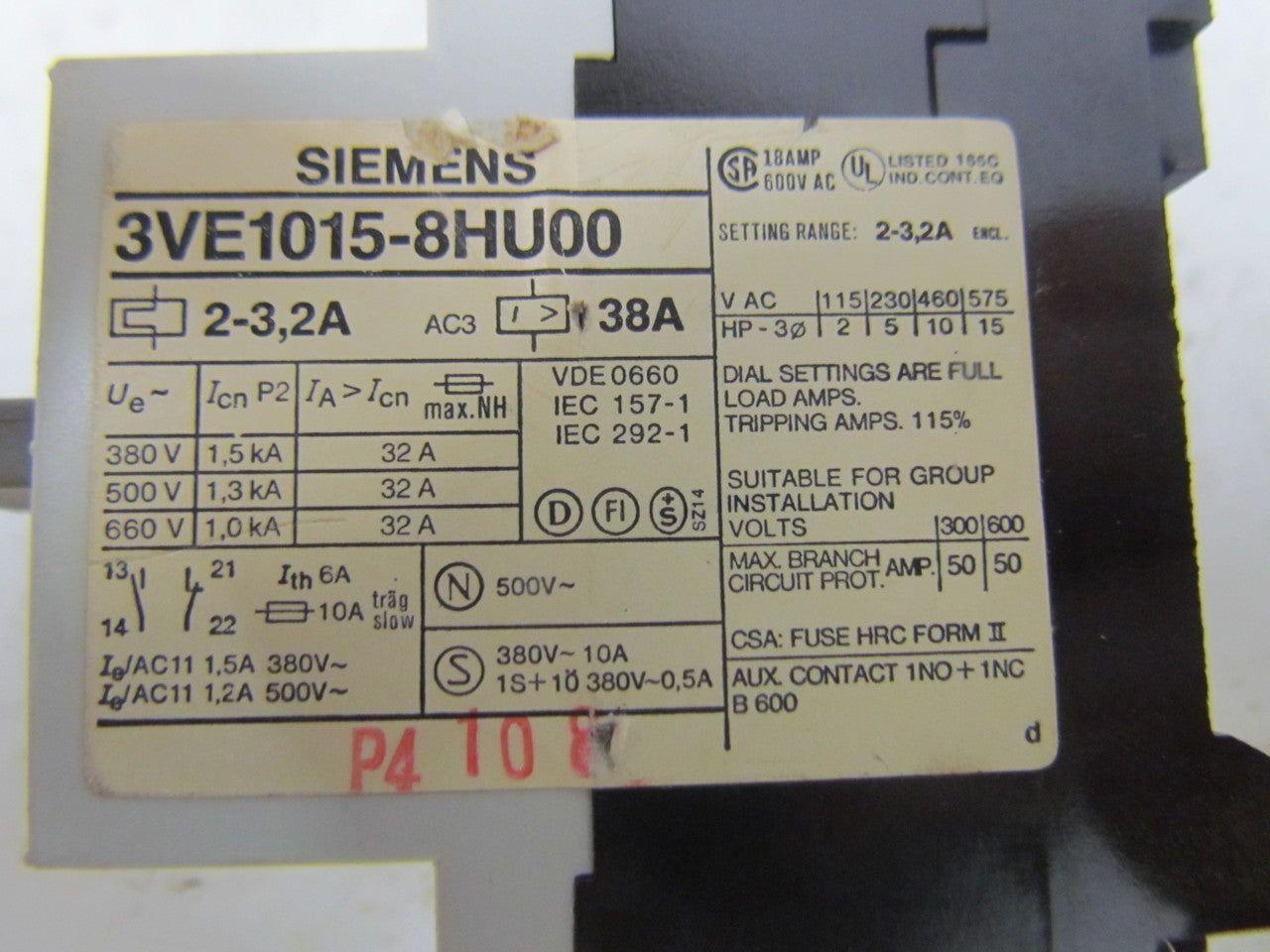 Siemens 3VE1015-8HU00 Motor protector starter 2-3.2Amp 3 pole 660V