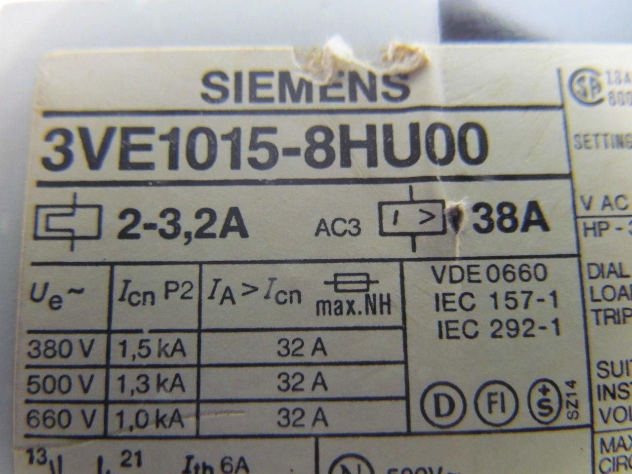 Siemens 3VE1015-8HU00 Motor protector starter 2-3.2Amp 3 pole 660V