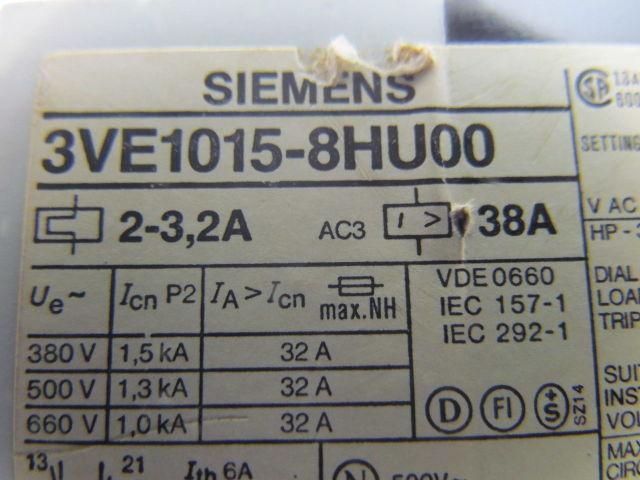 Siemens 3VE1015-8HU00 Motor protector starter 2-3.2Amp 3 pole 660V