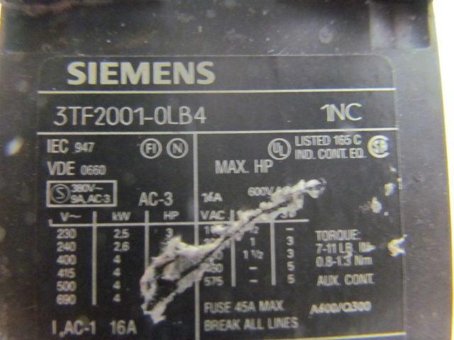 Siemens 3TF2001-0LB4 1NC Contactor motor starter 3ph 600V 16A