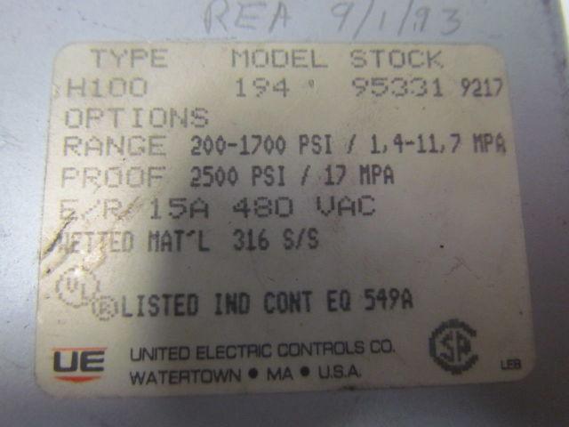 United Electric H100-194 Pneumatic pressure switch 200-1700psi range
