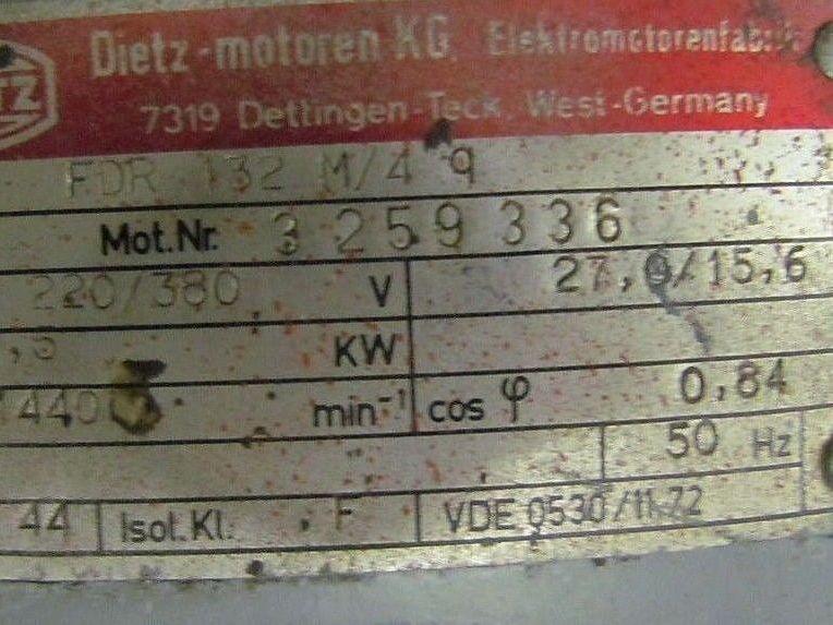 Dietz-motoren FDR 132 M/4Q Motor Nr 3259336 220/380v 7.5KW 1440rpm 50hz 3ph
