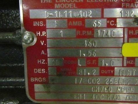 Lincoln D-1G110402 1hp 1740rpm 3ph 460v TENV 182 D-C Frame Cont Duty Motor