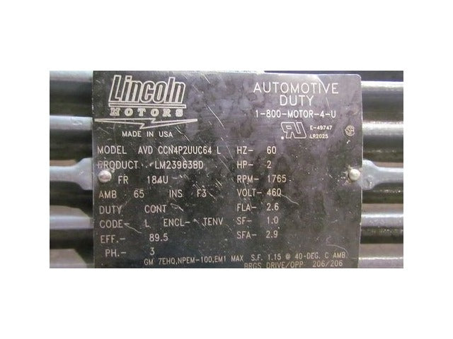 Lincoln CCN4P2UUC64 L LM23963BD 2HP 1765rpm 184U Motor