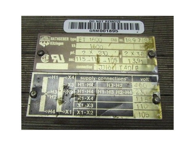 Rathgeber Kitzingen Type ET 1600 CN 189785 1600VA Transformer