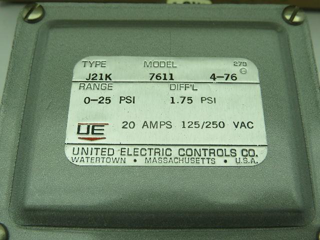 United Electric Controls 7611 Type J21K Pressure Switch 0-25PSI 20A 125/250Vac