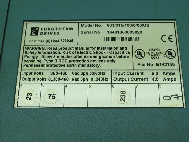 Eurotherm Drives 601/015/400/0/00/US Drive 380-460V 3PH 5.2A DIN Rail Mount