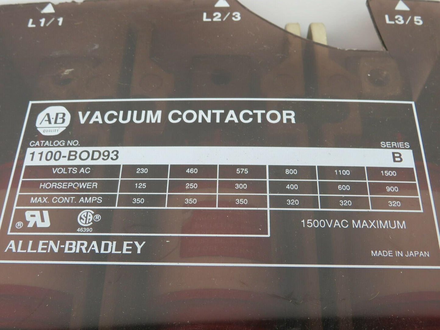 Allen Bradley 1100-BOD93/B Vacuum Contactor 1500VAC 200HP Series B