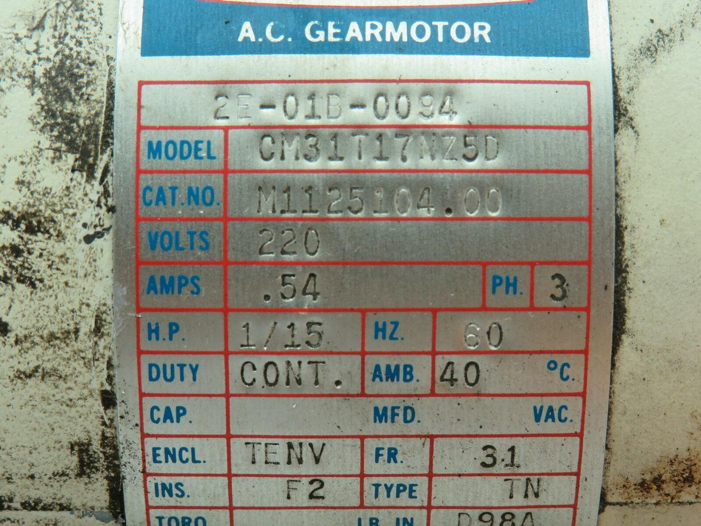 Leeson CM31T17NZ5D A.C. Gearmotor 220V .54A 1/15HP 3PH 31 Frame 142 RPM