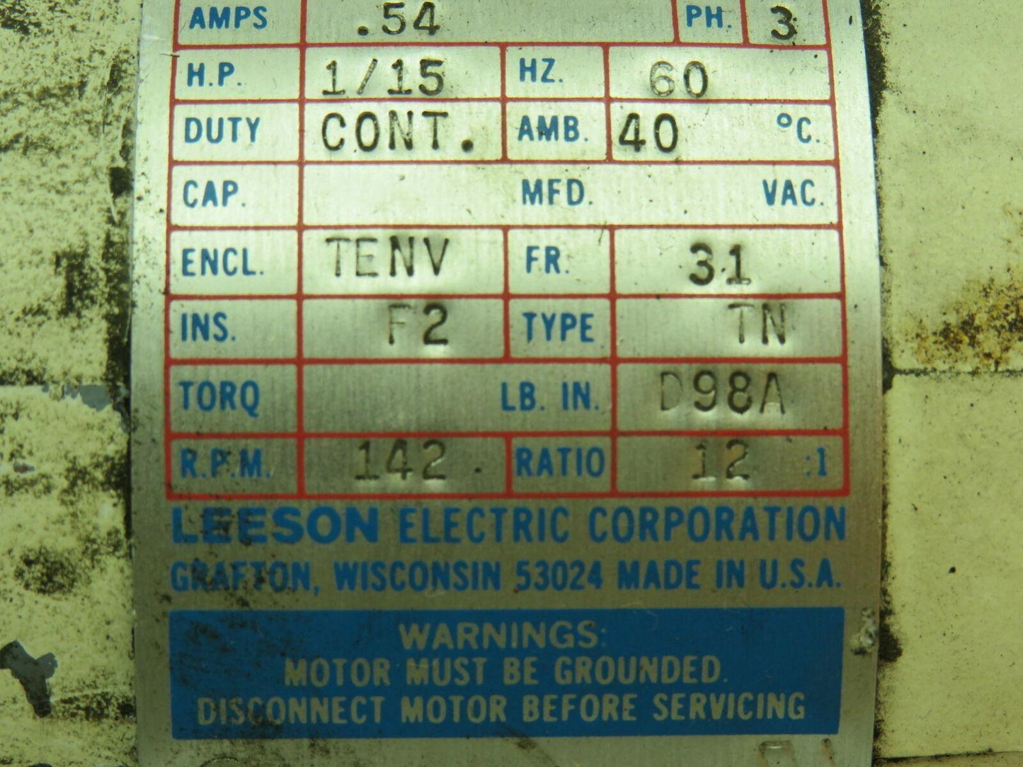 Leeson CM31T17NZ5D A.C. Gearmotor 220V .54A 1/15HP 3PH 31 Frame 142 RPM