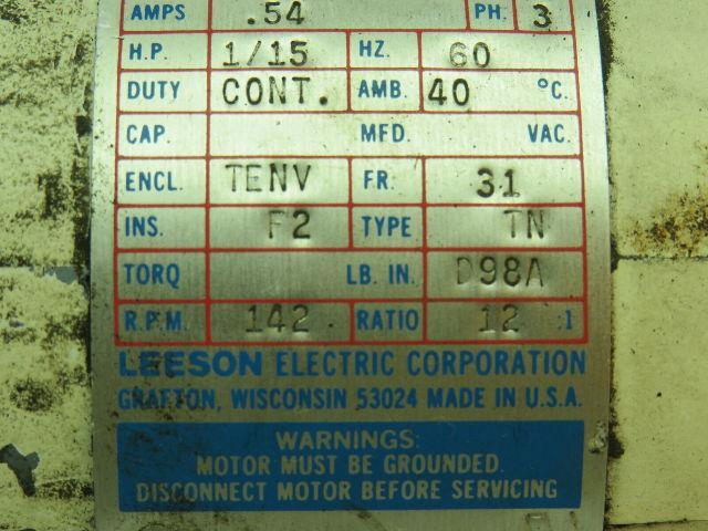 Leeson CM31T17NZ5D A.C. Gearmotor 220V .54A 1/15HP 3PH 31 Frame 142 RPM