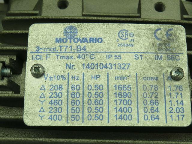 Motovario T71-B4 Motor 3PH 0.5Hp 208-230V W/NMRV040 Gear Reducer 20:1 12MM Shaft