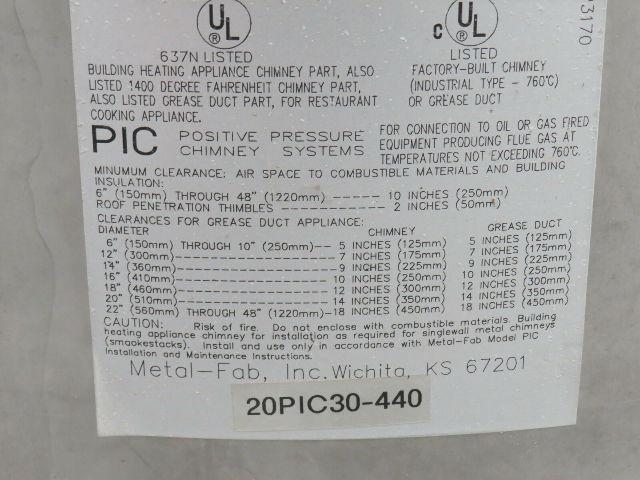 Metal Fab 20PIC30-440 Stainless Double Wall Pressure Chimney Pipe Duct 20" x 30"