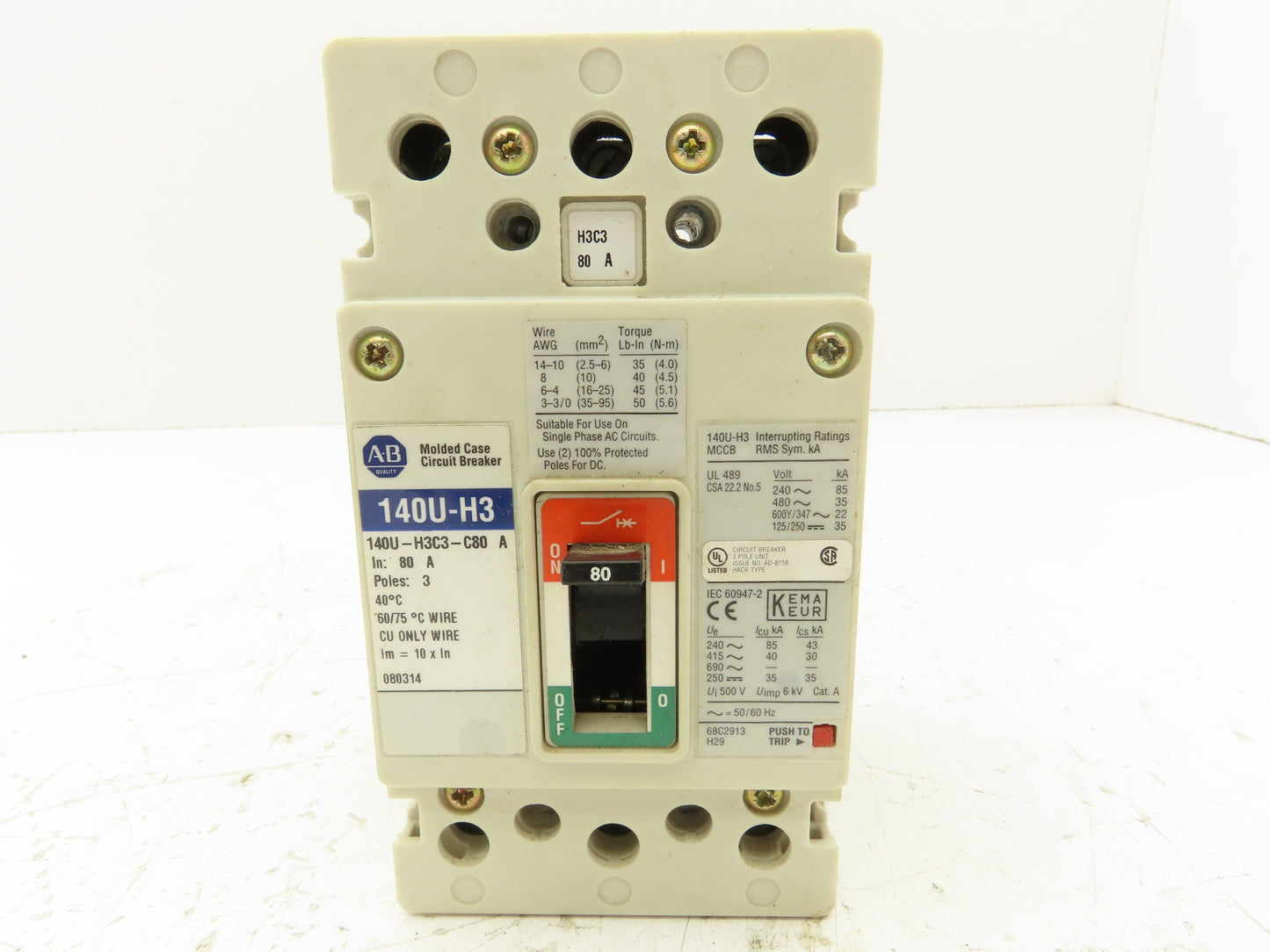 Allen Bradley 140U-H3C3-C80 Circuit Breaker 80A 3 Pole 3Ph 600V Panel Mount