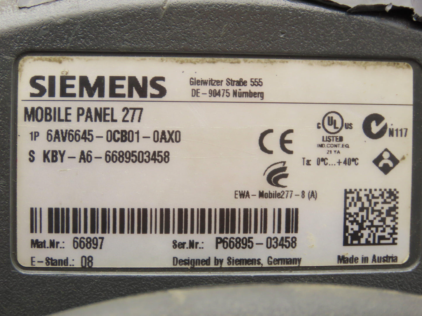 Siemens 6AV6645-0CB01-0AX0 HMI Simatic 277 Mobile Operator Panel Broken Casing