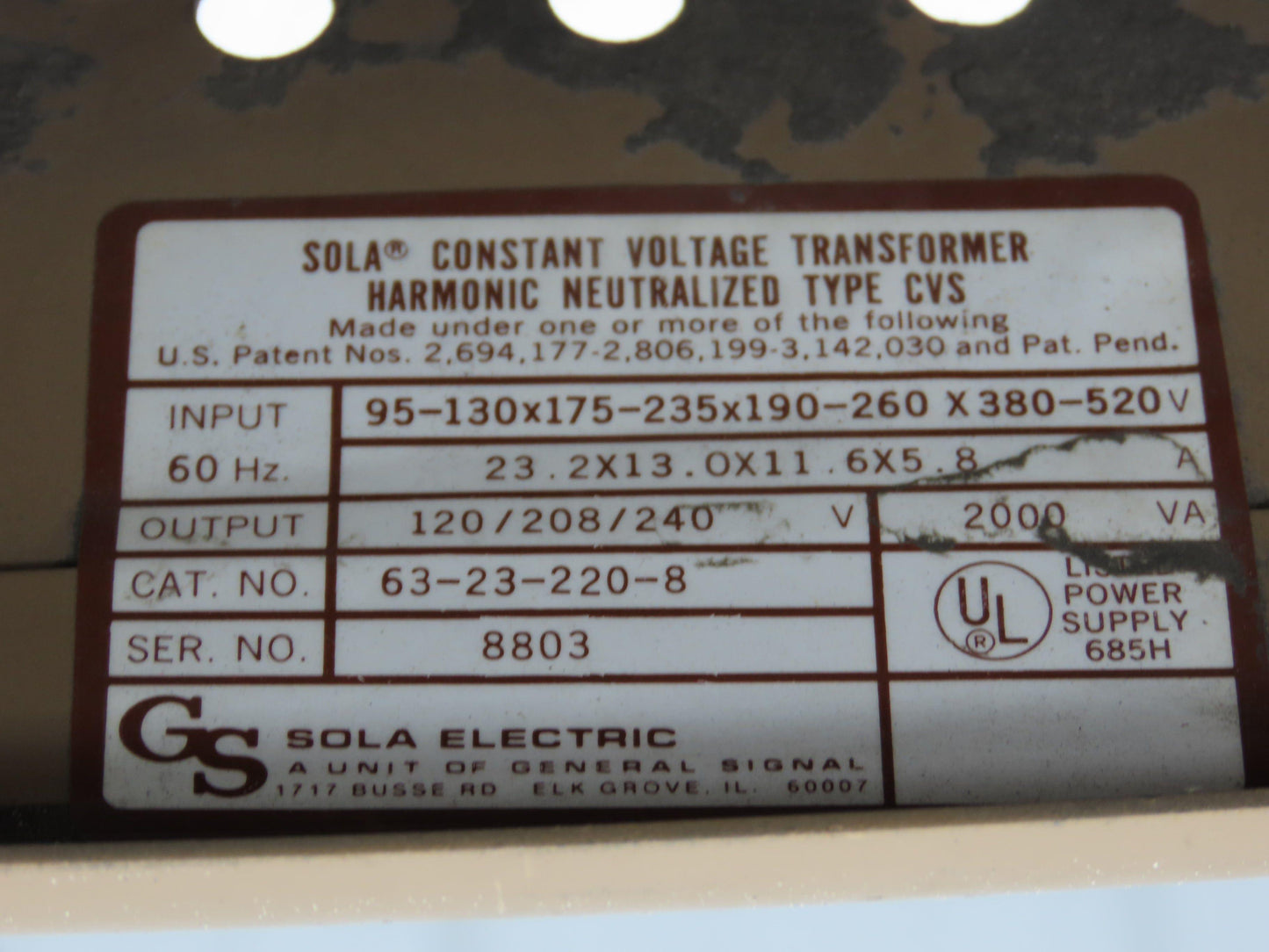 Sola 63-23-220-8 Mini/Micro Computer Power Supply Constant Volt Transformer 2KVA
