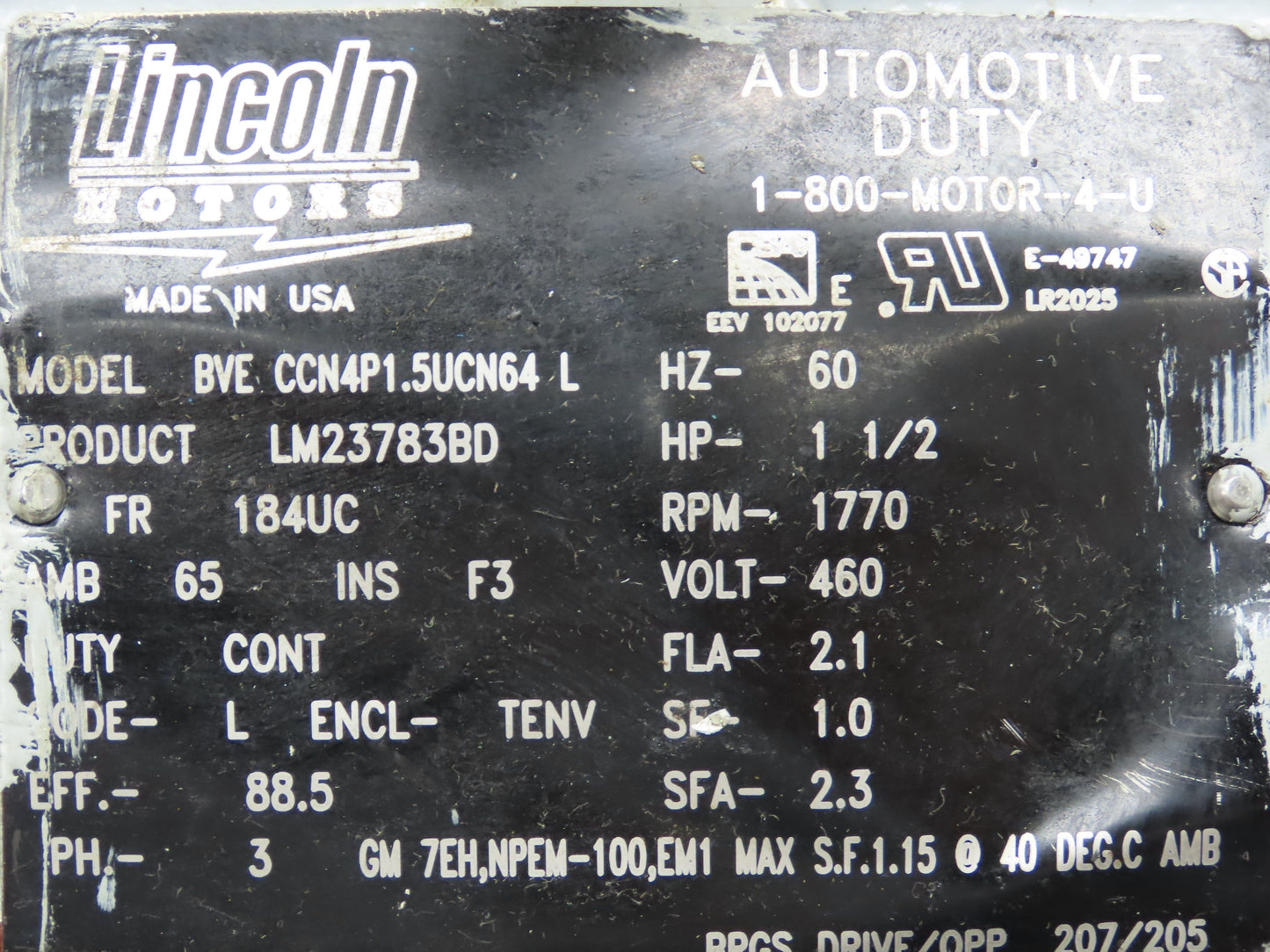 Lincoln BVE CCN4P1.5UCN64L AC Motor 1.5Hp 1770rpm 460V 3PH 184UC Automotive Duty