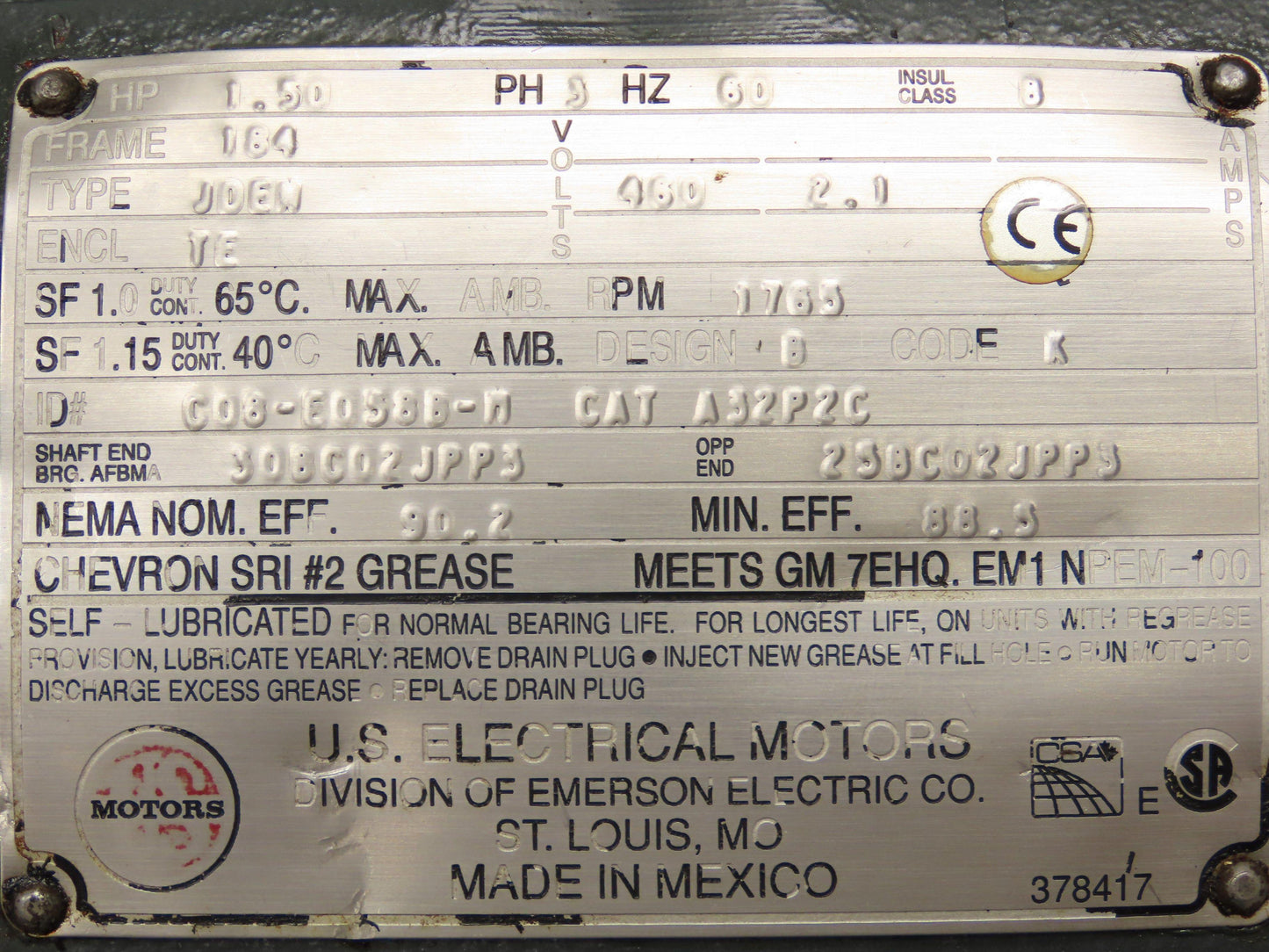US Motors A32P2C AC Motor 1.5Hp 1765rpm 460V 3PH 184U Frame Automotive Duty