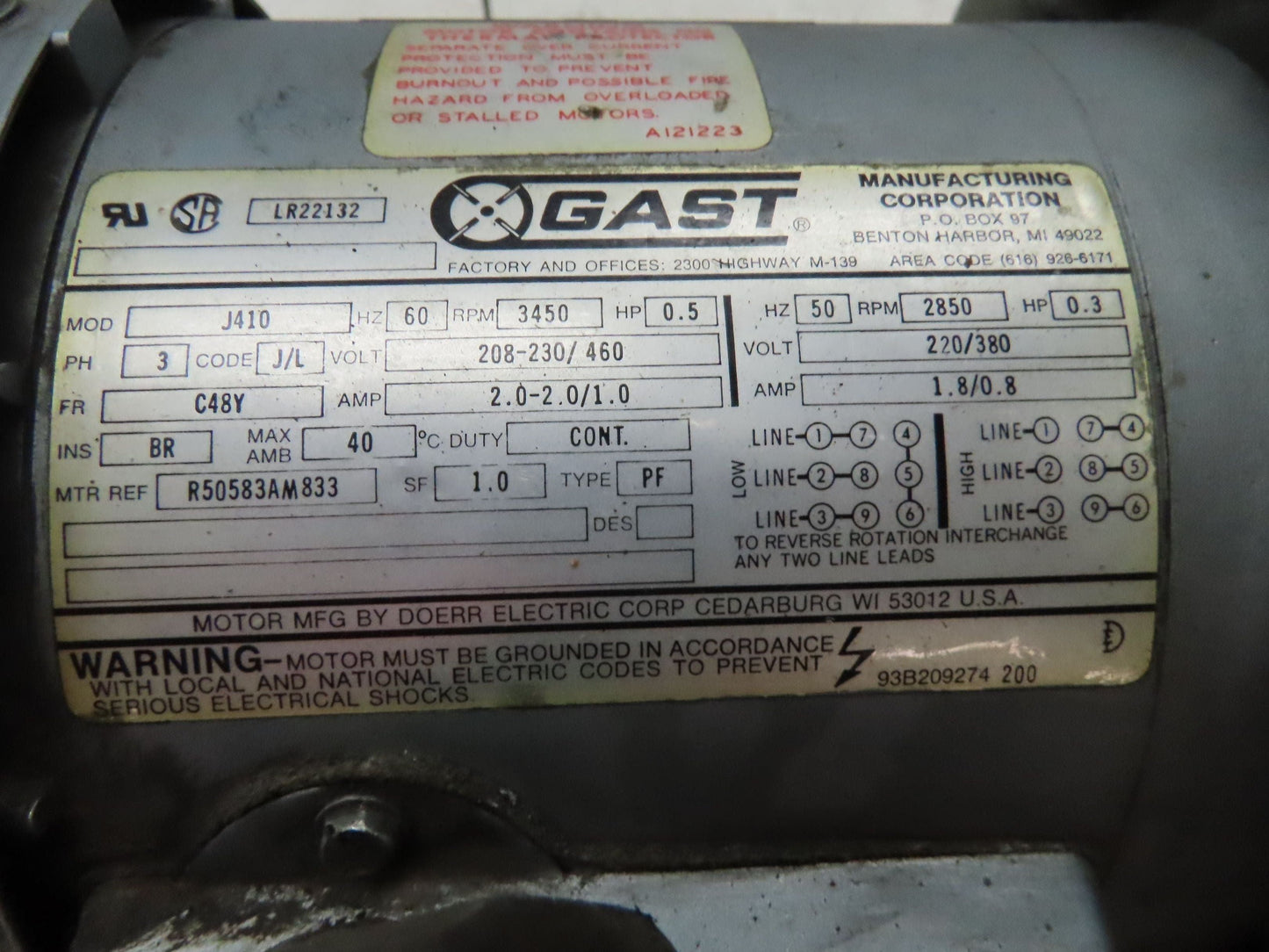 Gast R3305A-10 Regenair Regenerative Blower 53 CFM 1/2Hp 230/460V 3PH 1-1/4"