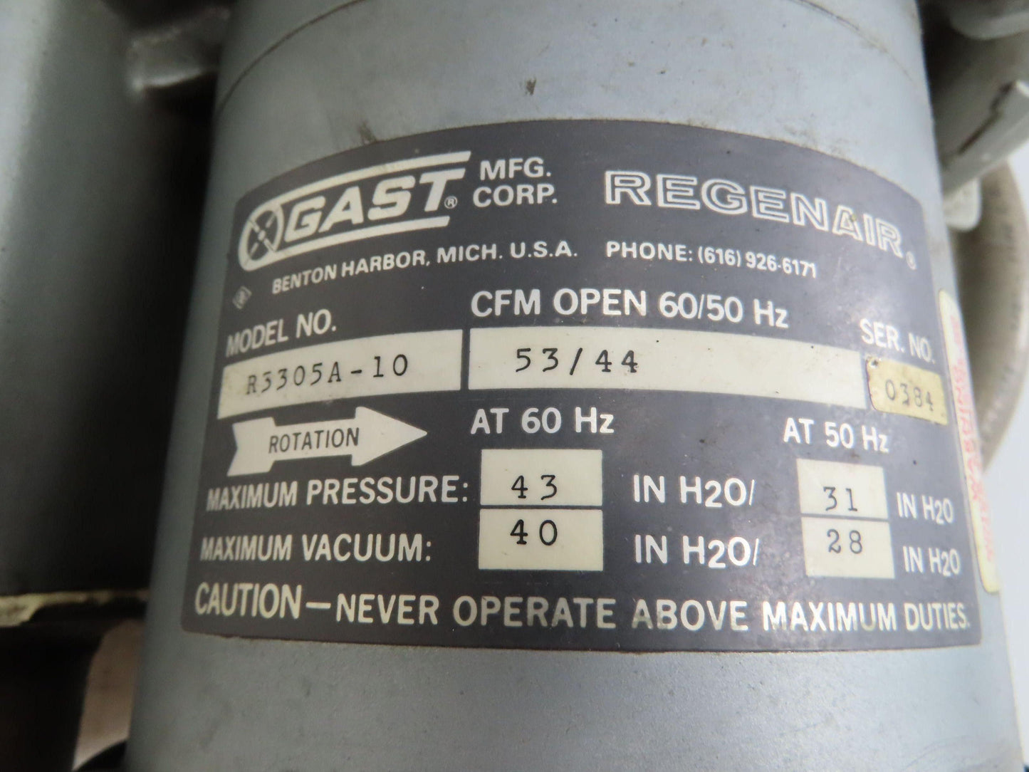Gast R3305A-10 Regenair Regenerative Blower 53 CFM 1/2Hp 230/460V 3PH 1-1/4"