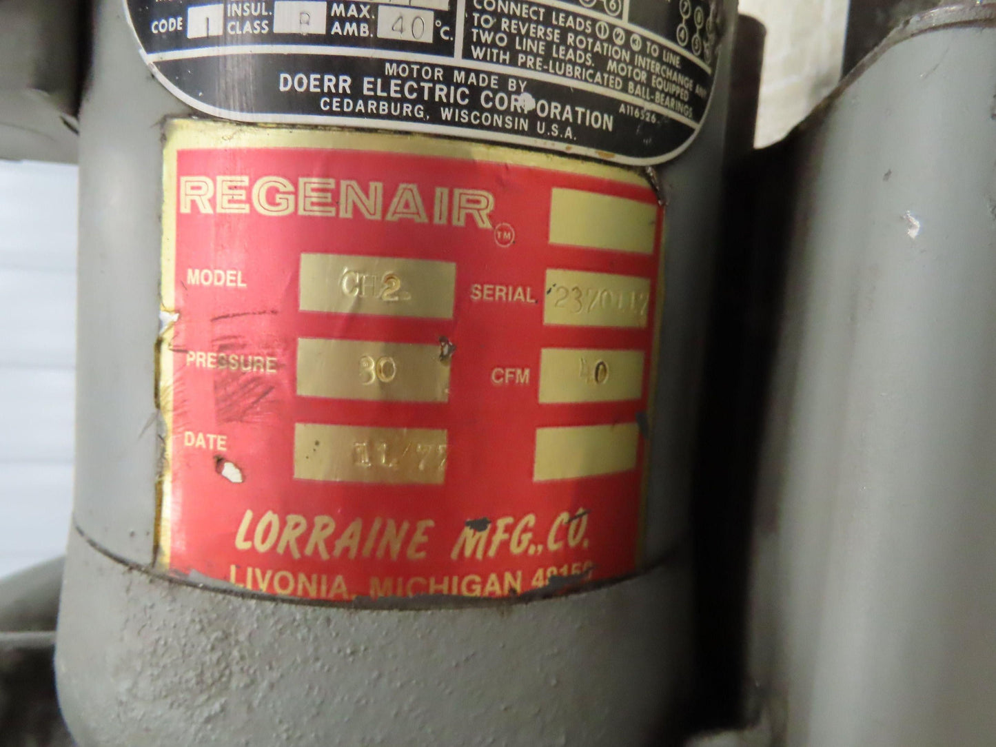 Lorraine CH2 Regenair Regenerative Blower 40 CFM 1/2Hp 230/460V 3PH 1-1/4"
