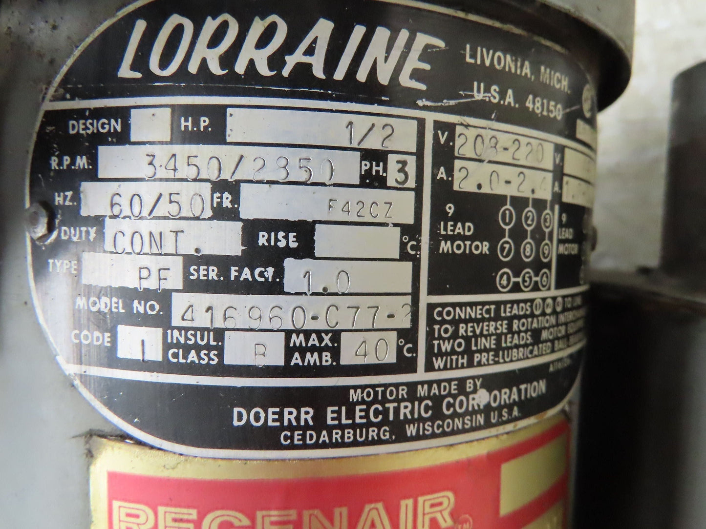 Lorraine CH2 Regenair Regenerative Blower 40 CFM 1/2Hp 230/460V 3PH 1-1/4"