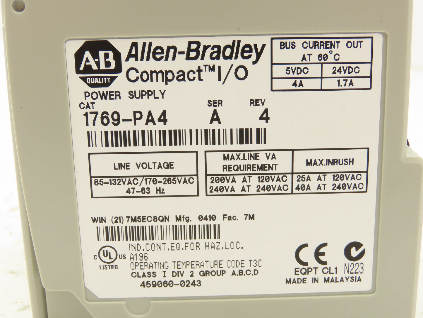 Allen Bradley 1769-PA4 Compact I/O PLC Power Supply