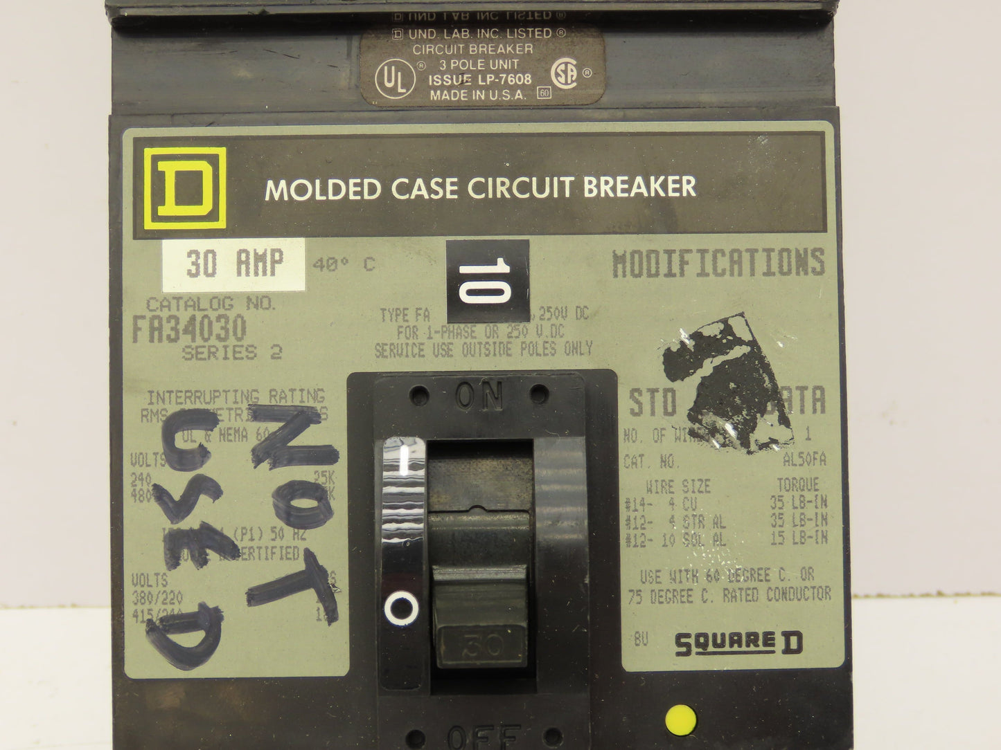 Square D FA36030 I-Line Circuit Breaker 30A 3 Pole 600V Plug-On Ser 2 Gray Face