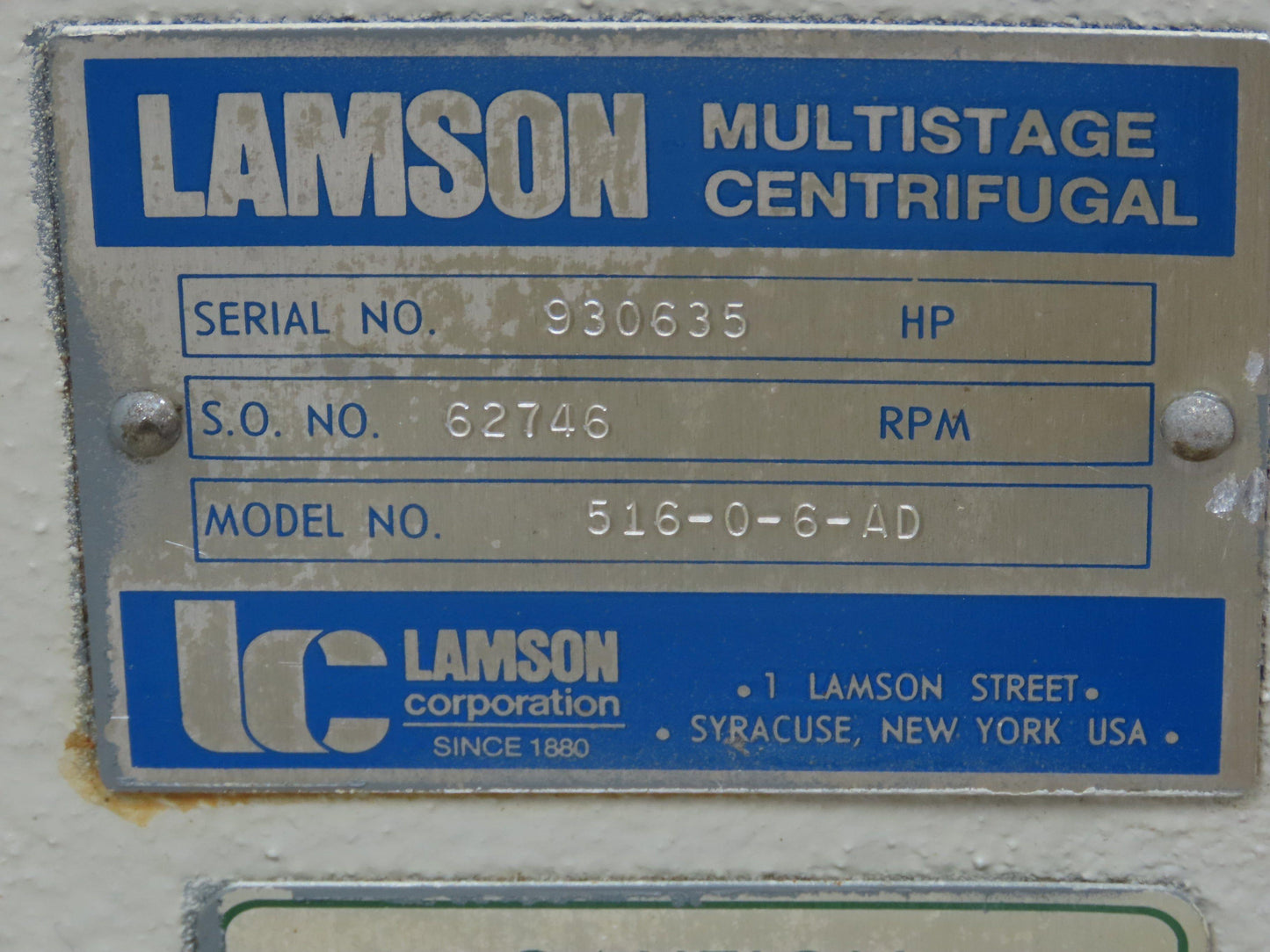 Lamson 516-0-6-AD Multistage Centrifugal Blower 30Hp 230/460V 3Ph 3500RPM