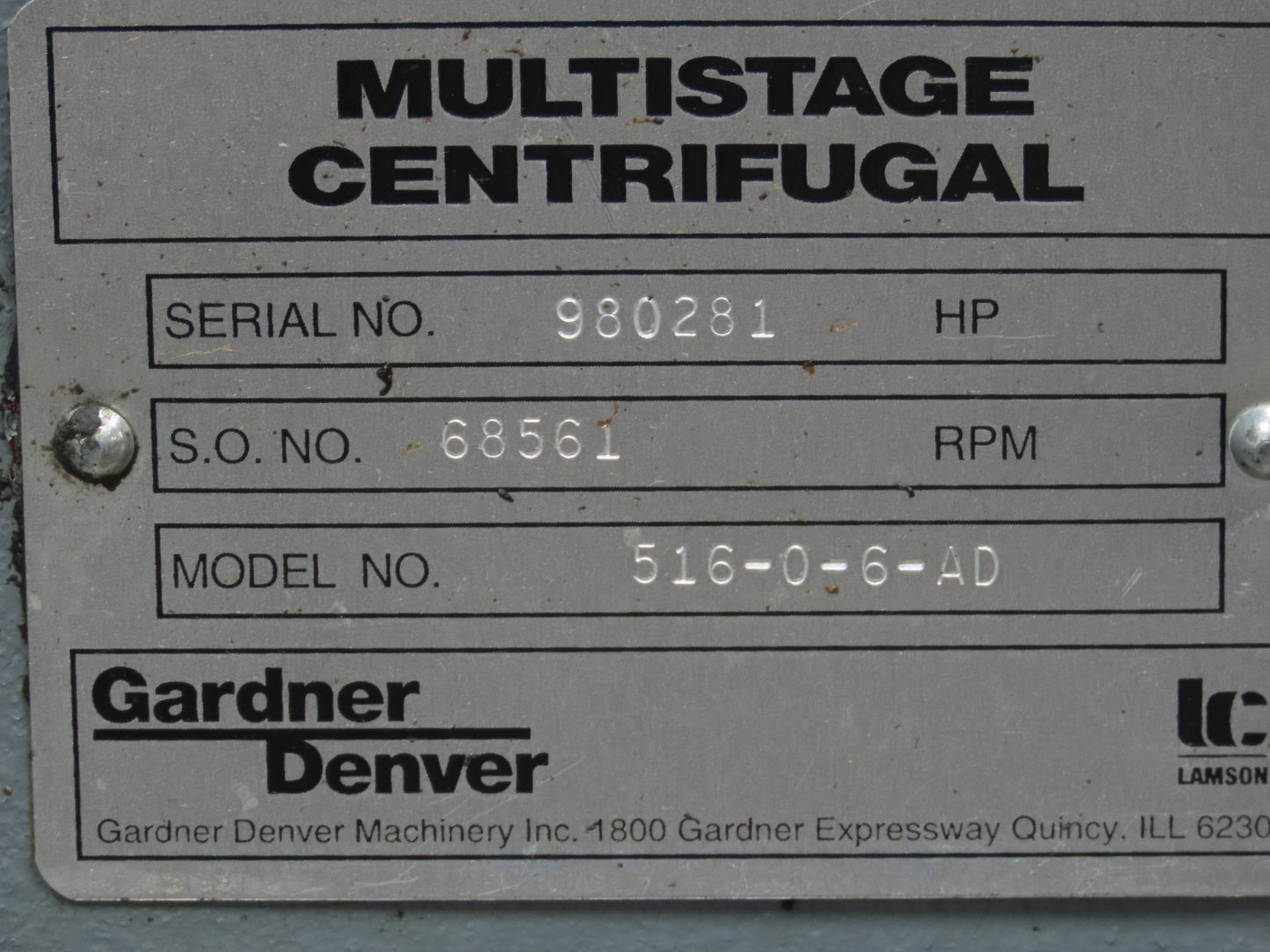 Gardner Denver 516-0-6-AD Multistage Centrifugal Blower 30Hp 230/460V 3Ph 5"