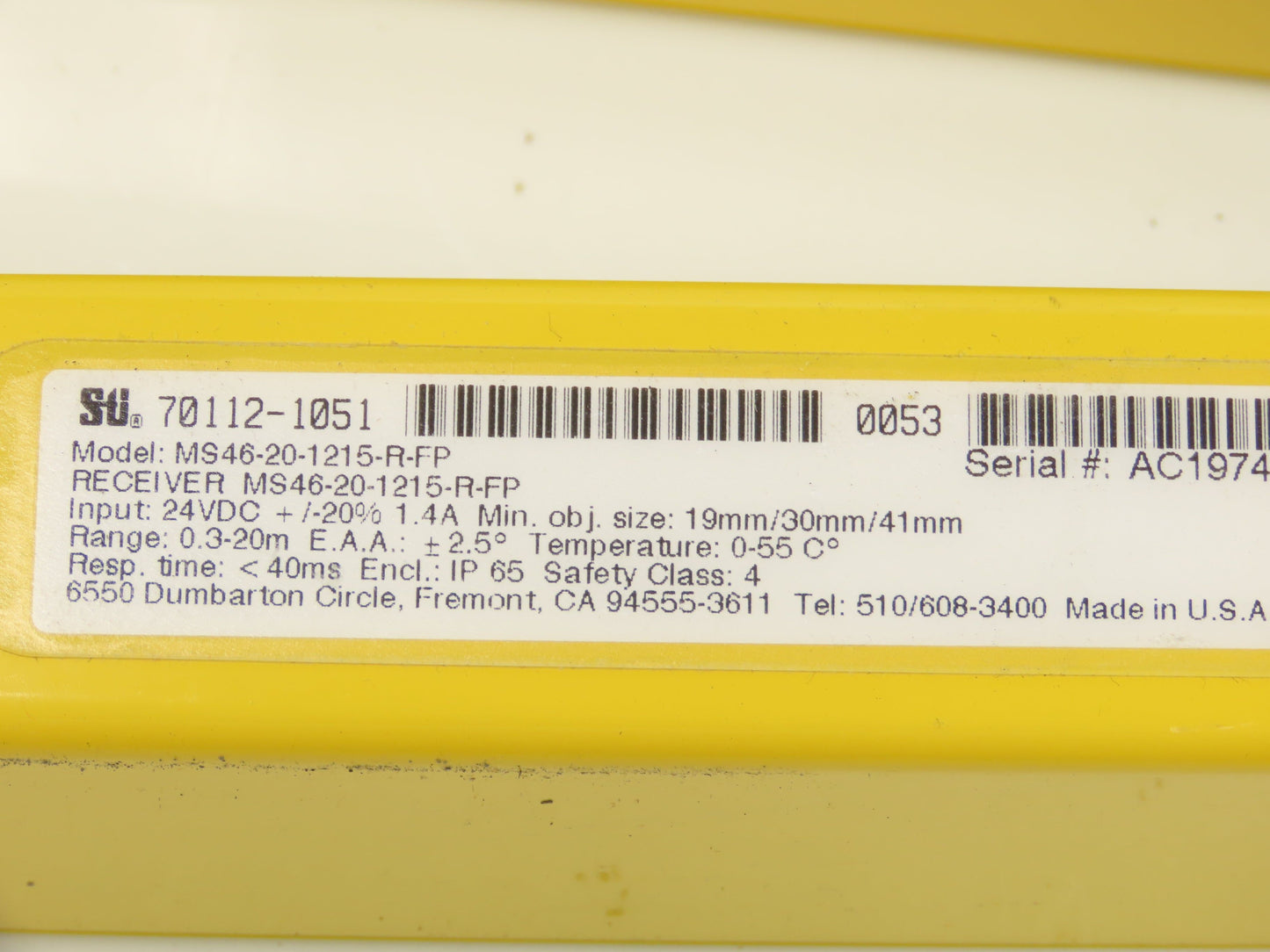 STI MS46-20-1215-R-FP Safety Light Curtain Transmitter/Receiver Set 48"