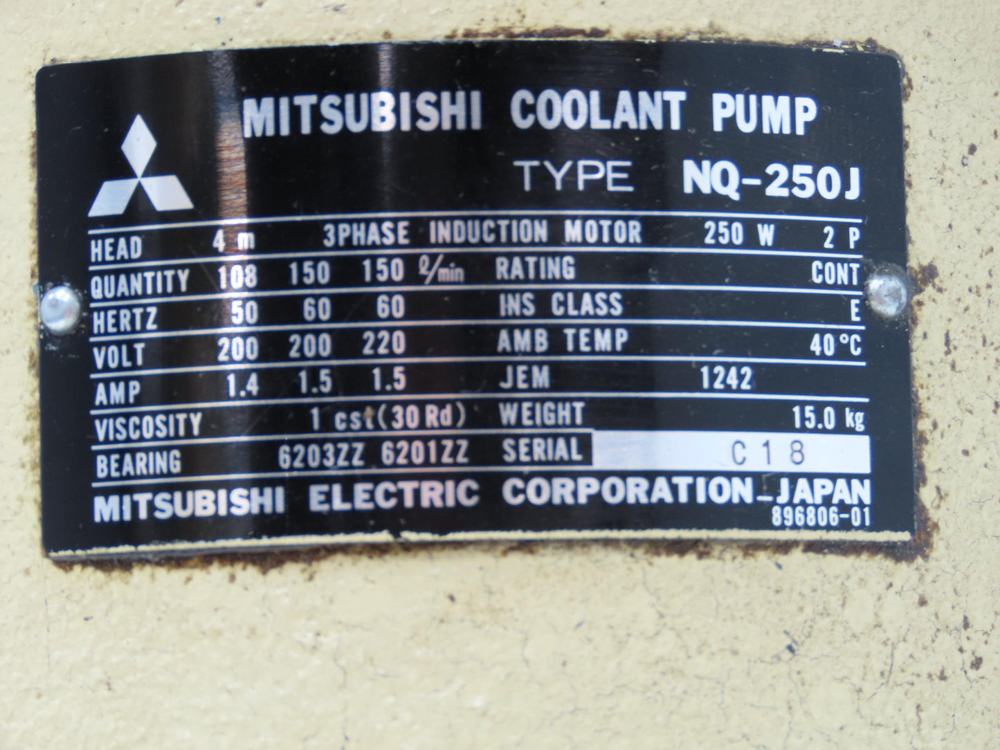 Mitsubishi NQ-250J Vertical Immersion Coolant Pump 39gpm 250W 220V 3PH 3/4"npt