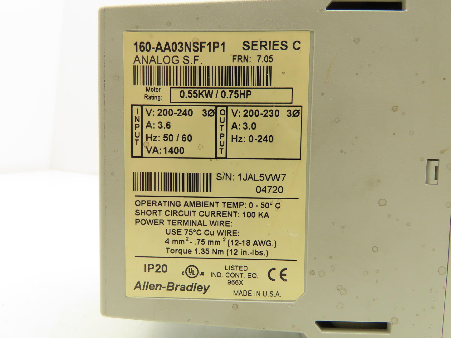 Allen Bradley 160-AA03NSF1 Variable Speed AC Drive VFD .75HP 240V 1PH Input