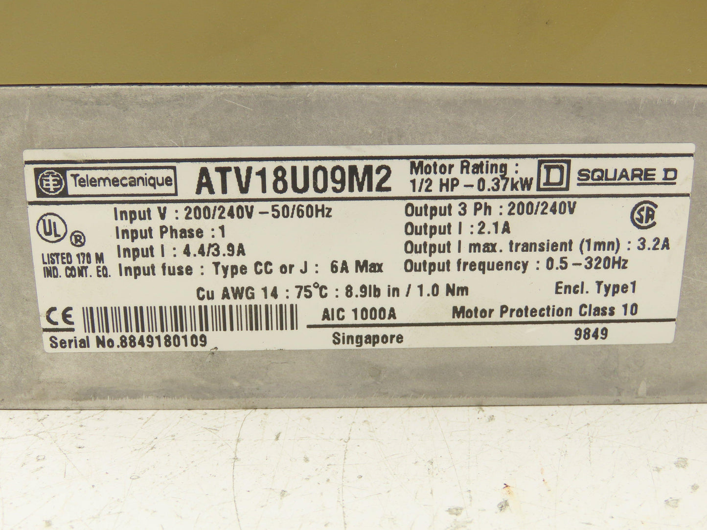 Square D Telemecanique ATV18U09M2 ALTIVAR 18 Variable AC Drive VFD .5Hp 240V 1PH