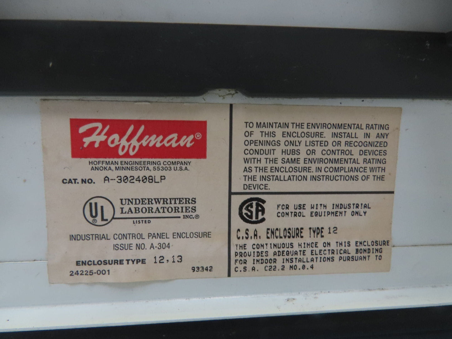 Hoffman A302408LP Electrical Enclosure Control Panel 30x24x8" Backplate