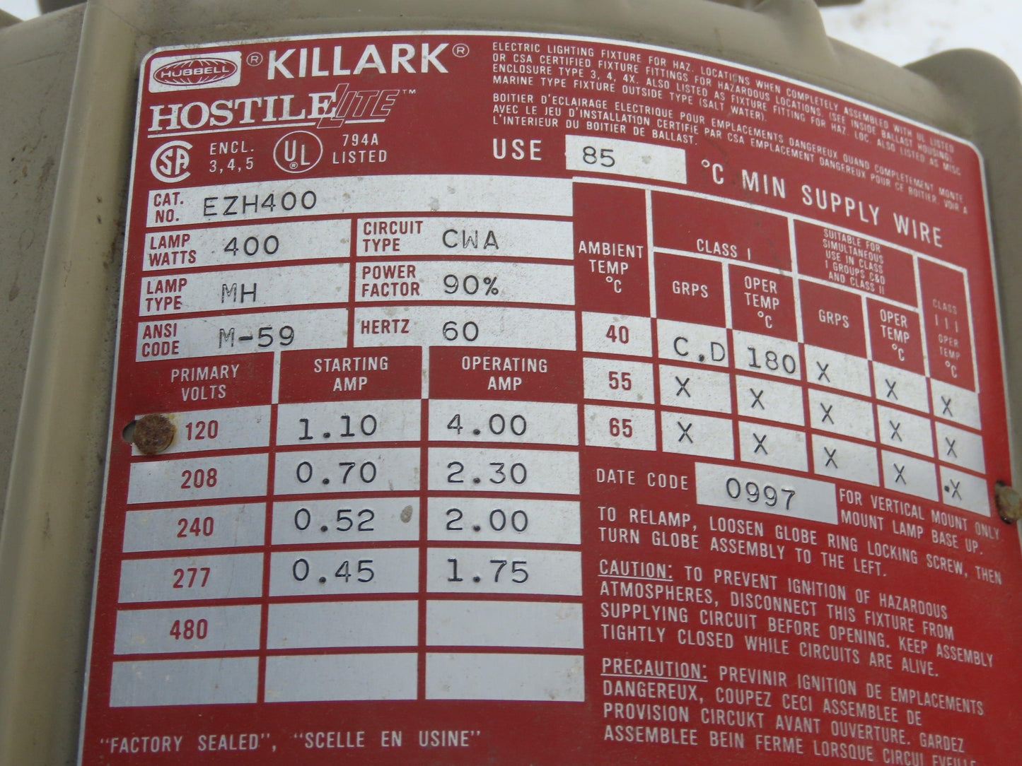 Hubbell Killark EZH400 HID Metal Halide Light 400W Explosion Proof Lot of 2