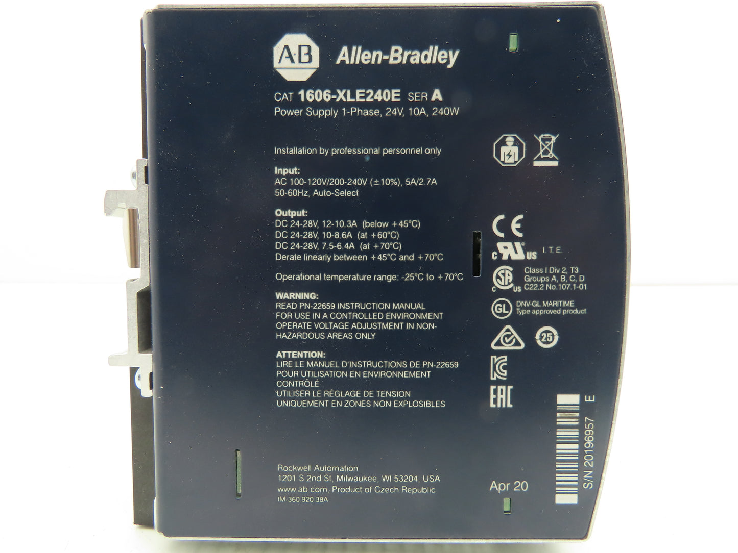 Allen Bradley 1606-XLE240E PLC Power Supply 24VDC 10A 240W 120-240V 1PH Input