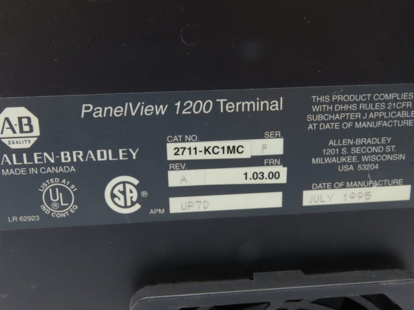 Allen Bradley 2711-KC1MC PanelView 1200 Operator Panel Keypad 12" Color Screen