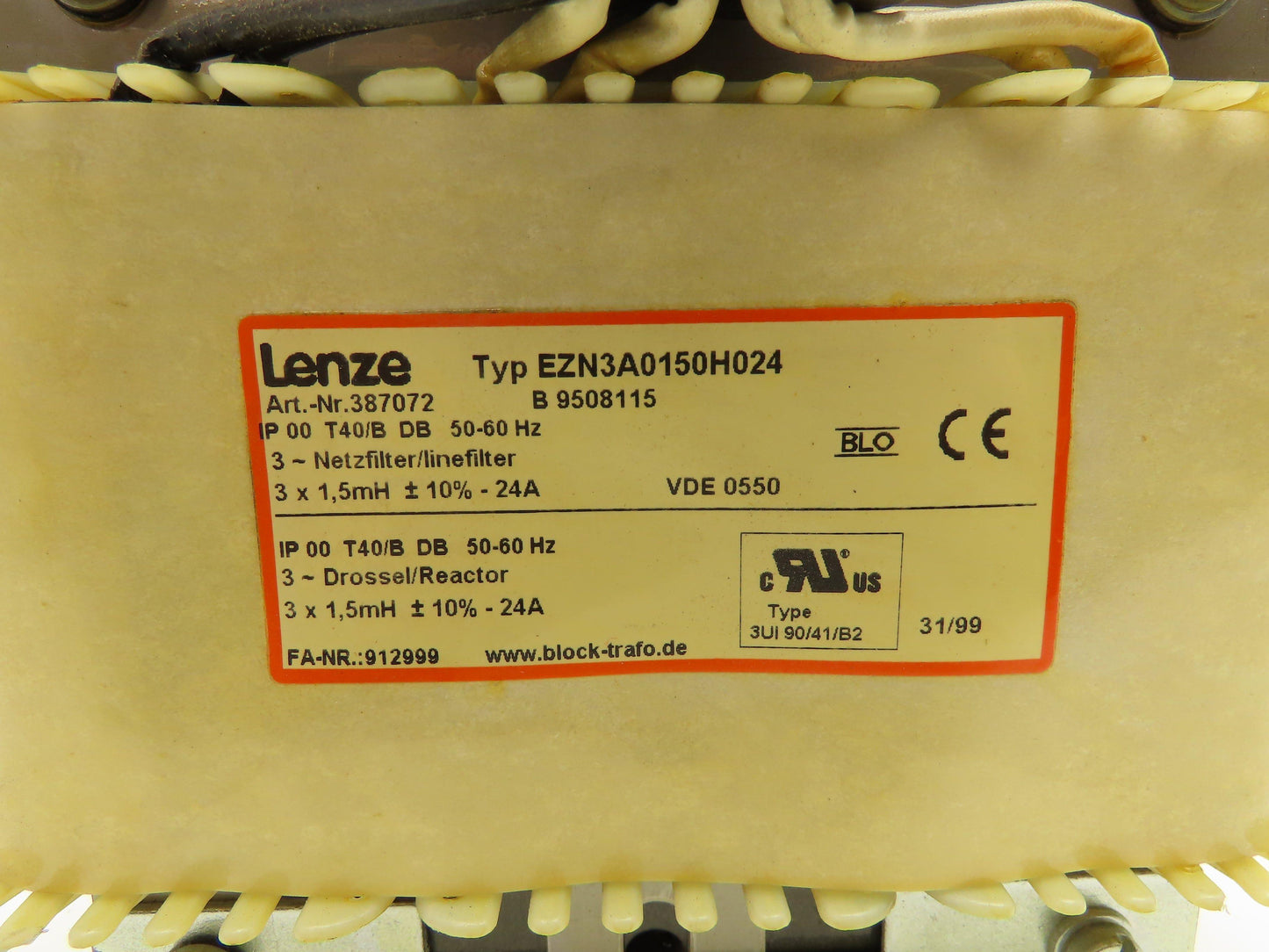 Lenze EZN3A0150H024 Line Filter For Servo Invertor 5 mH +/-10% 24A