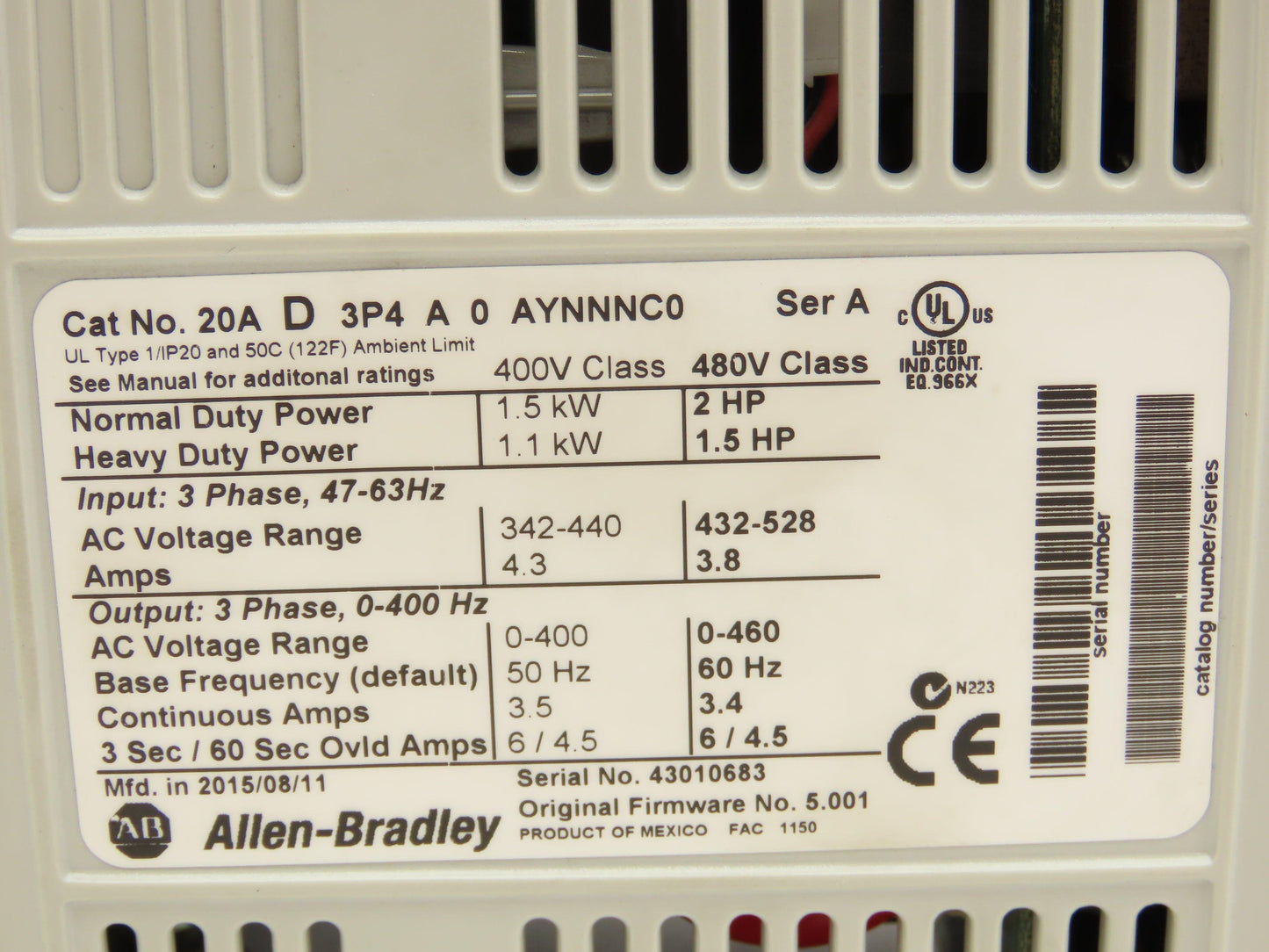 Allen Bradley 20AD3P4A0AYNNNC0 PowerFlex 70 Variable AC Drive VFD 2Hp 480V 3Ph