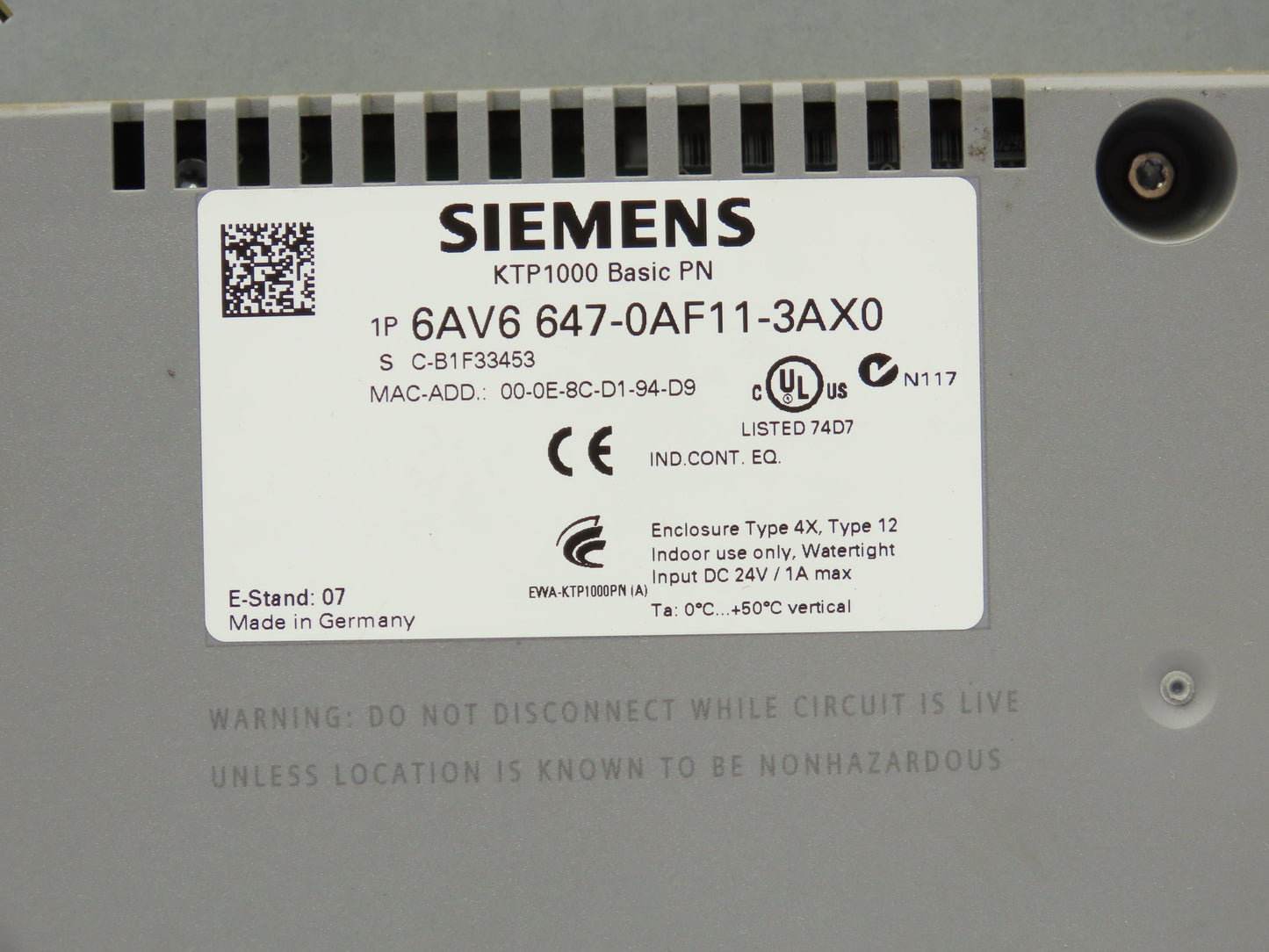 Siemens 6AV6647-0AF11-3AX0 Simatic KTP1000 HMI 10" Touch Control Panel