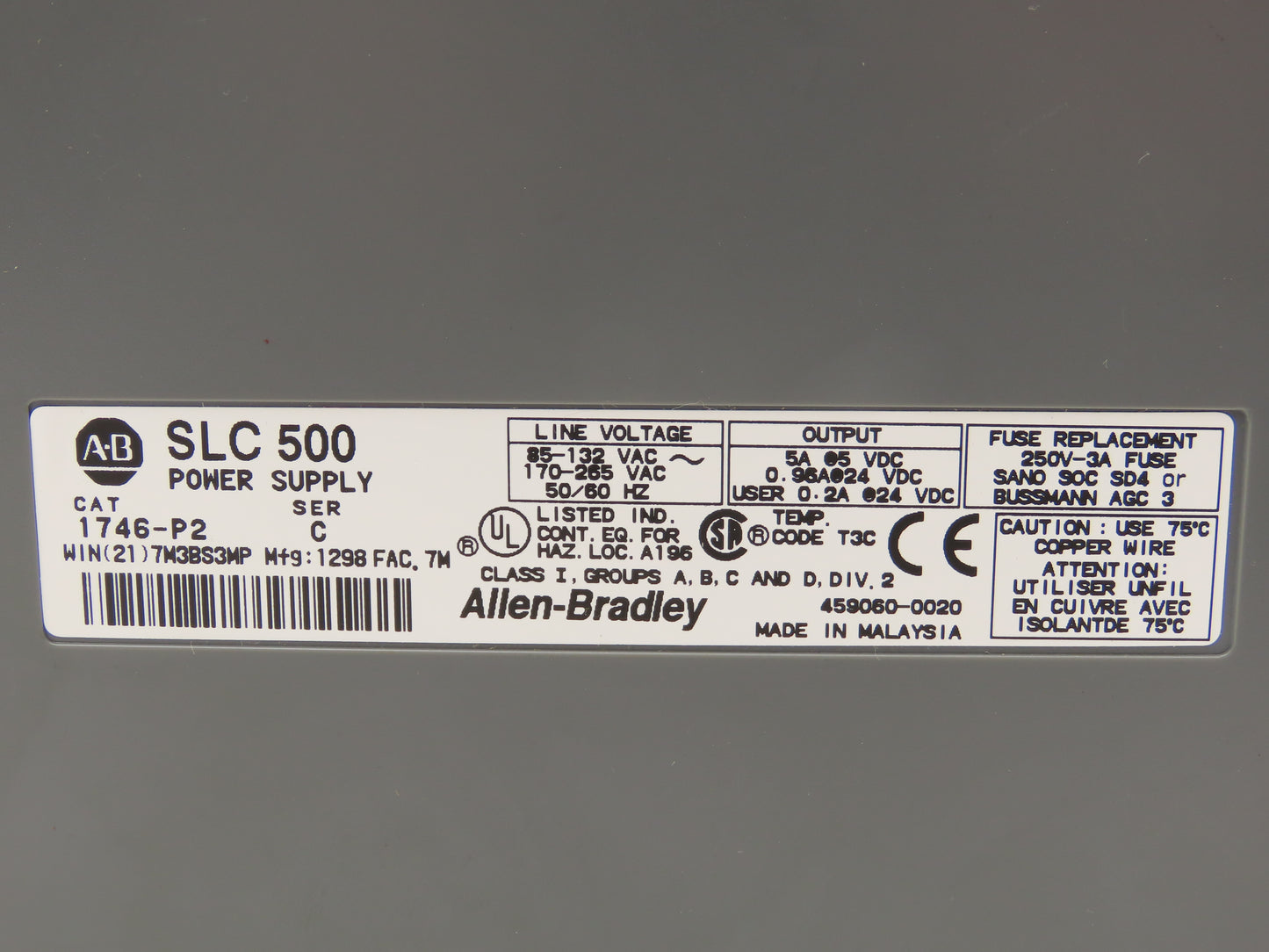Allen Bradley 1746-P2 SLC 500 PLC Module Power Supply Series C